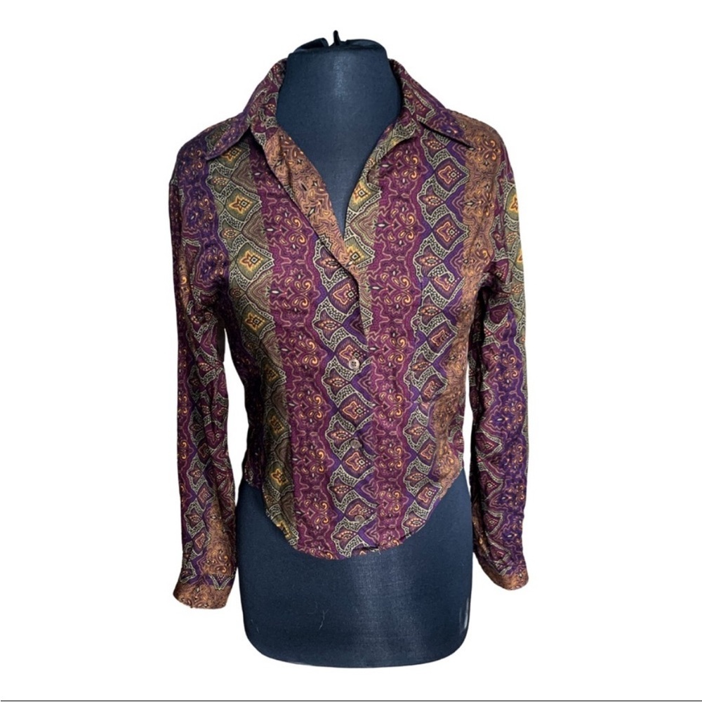 Vintage 1970s Paisley Patterned Women's Button Up Collared Blouse